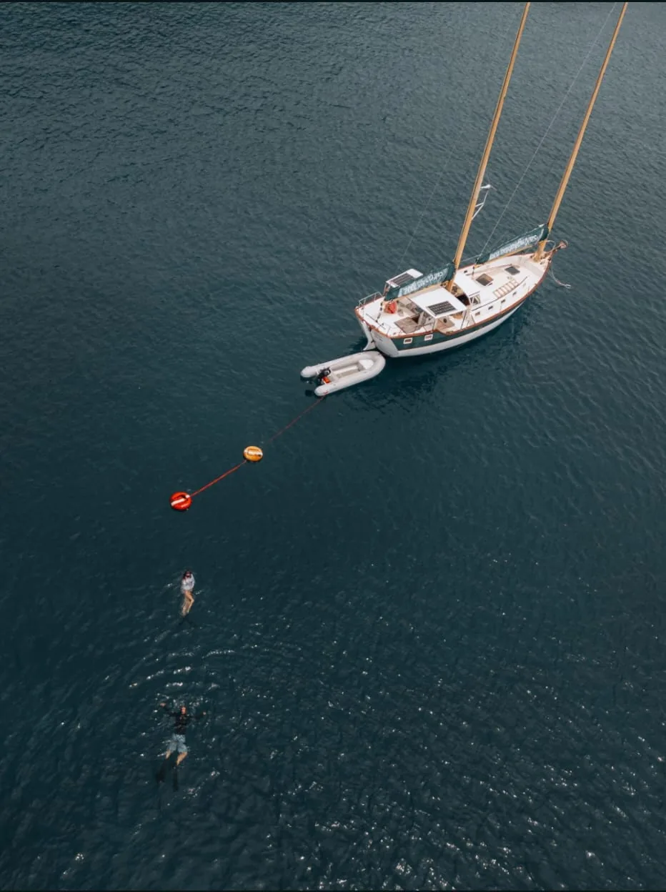Aerial view of SV Freedom Fargo at anchor off Koh Tao, dinghy alongside and three swimmers in the water along the orange buoy line