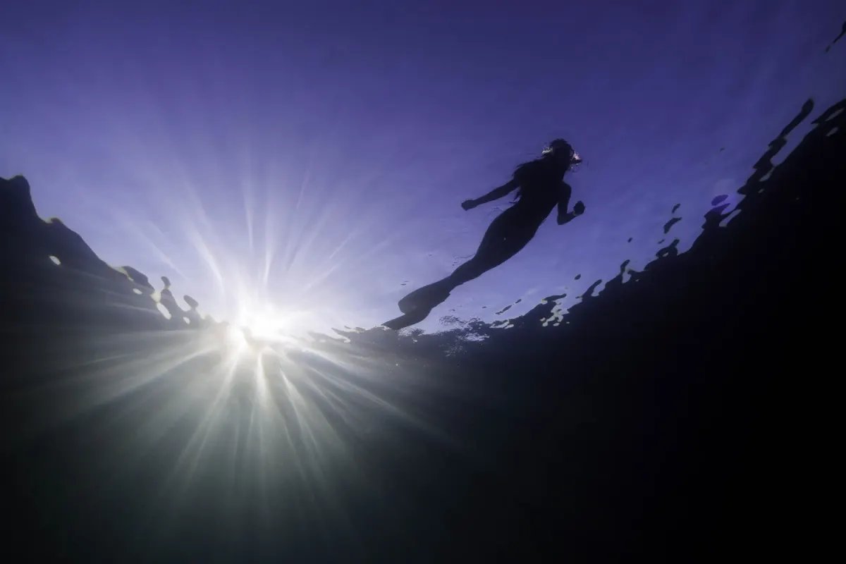 Silhouette of a freediver gliding at the surface against a burst of sunlight, seen from below