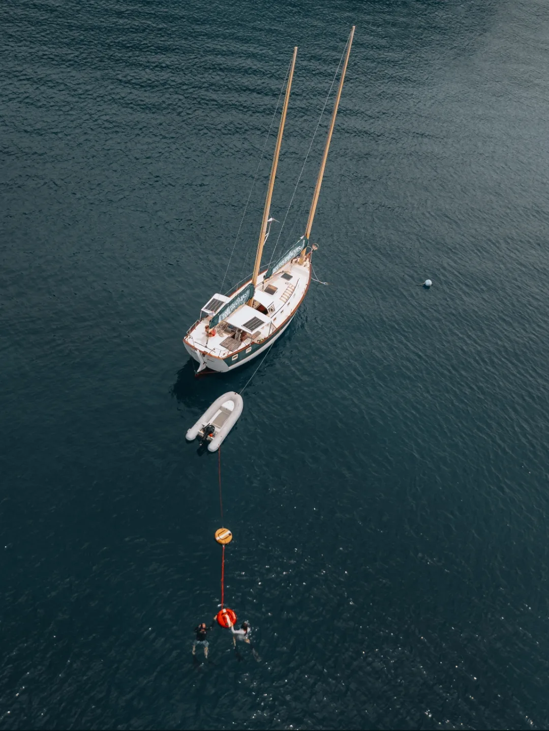 Drone shot of SV Freedom Fargo with Orenda Freediving Set up. Sailboat with Freediving Buoys