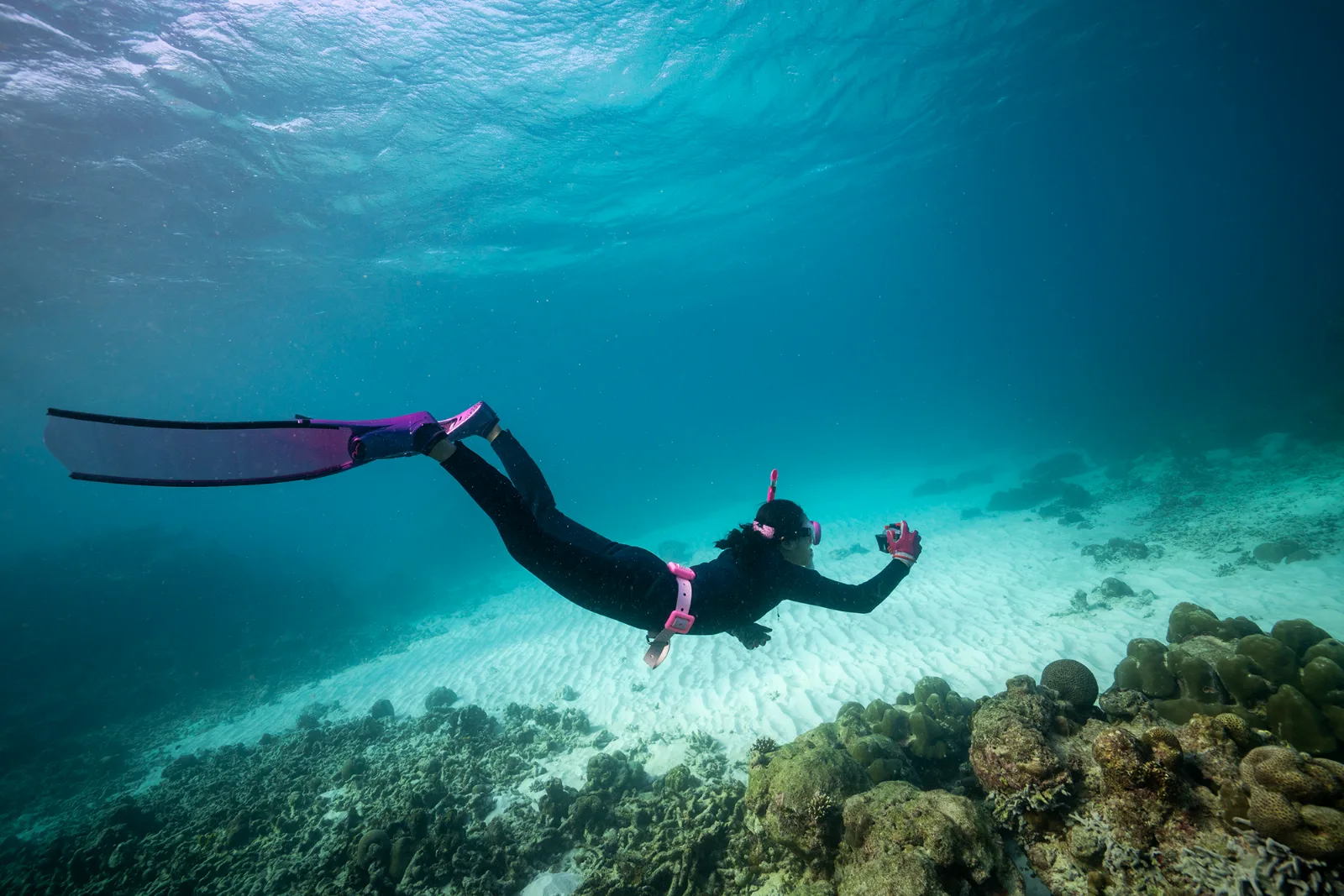 An underwater photographer on a freediving cruise with Orenda Freediving